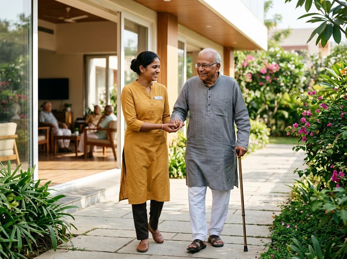 An attentive Indian care companion supporting and walking alongside an elderly Indian gentleman with warmth and dignity